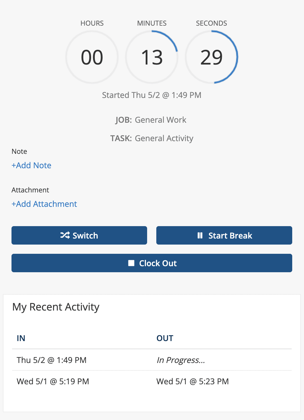 ClockShark time clock with the current shift and a weekly timesheet/schedule calendar view