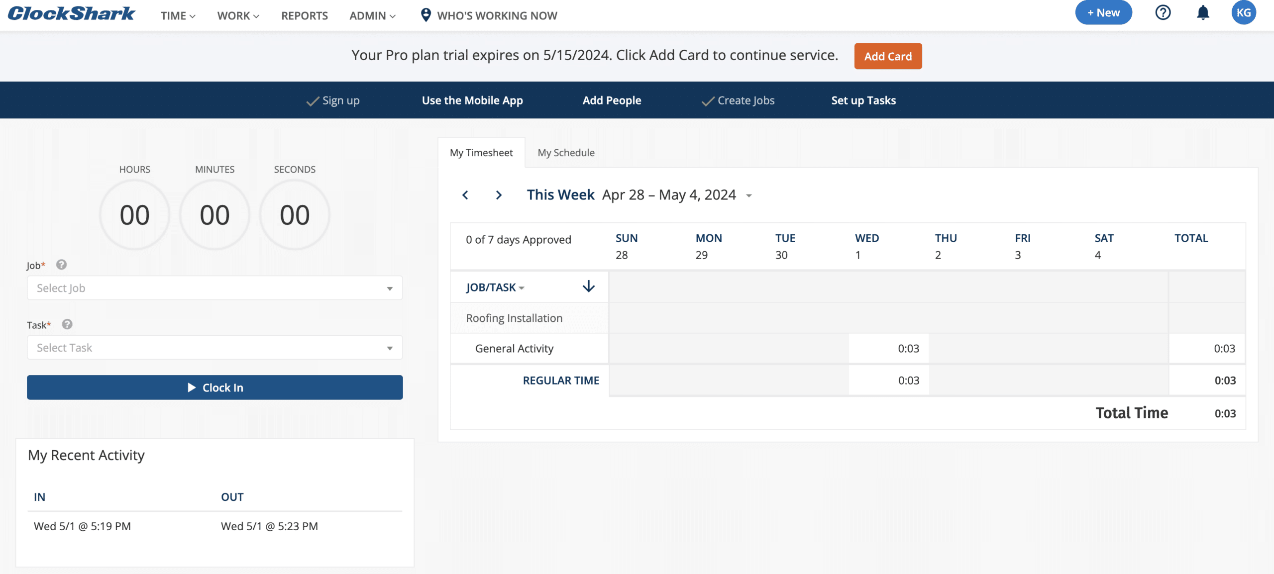 ClockShark web dashboard showing the main timesheet, schedule, and clock-in/out layout