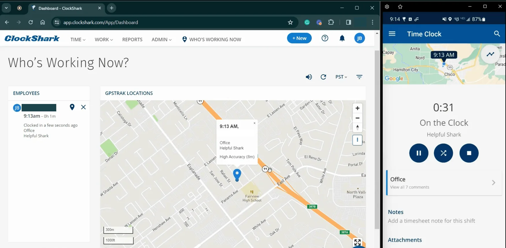ClockShark's Who's Working Now dashboard showing a clocked-in employee on a map with a high-accuracy GPS reading, next to the mobile Time Clock screen counting an active shift.