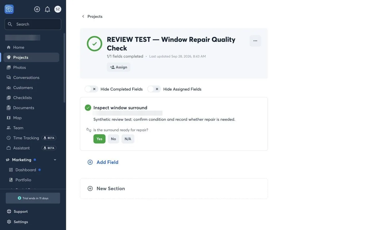 CompanyCam web checklist titled Window Repair Quality Check, marked complete with 1 of 1 fields done and Yes selected on the inspection question.