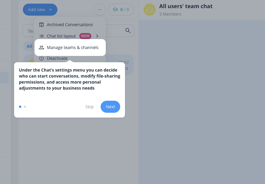 Connecteam chat settings dropdown menu with an onboarding tooltip