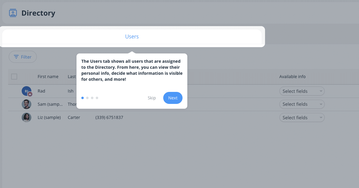 Connecteam Directory Users tab listing employees with phone numbers
