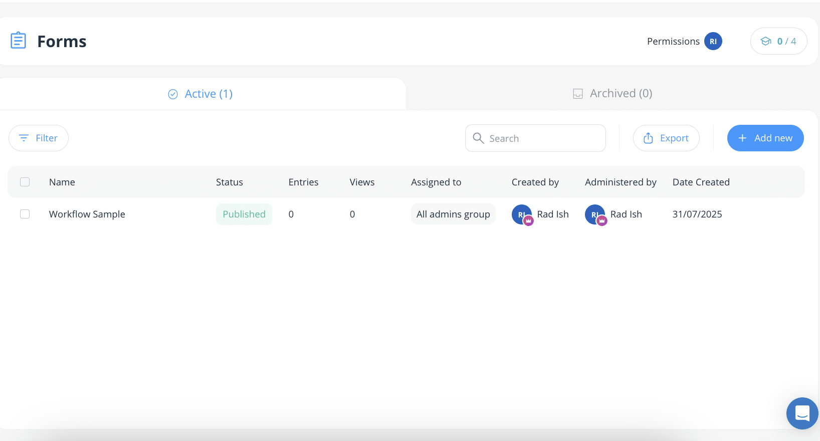 Connecteam Forms list showing a form with status, entries, and views columns