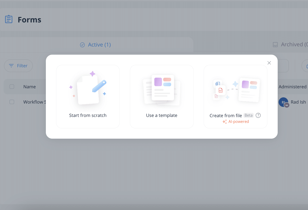 Connecteam new form dialog with start from scratch, template, and create from file options