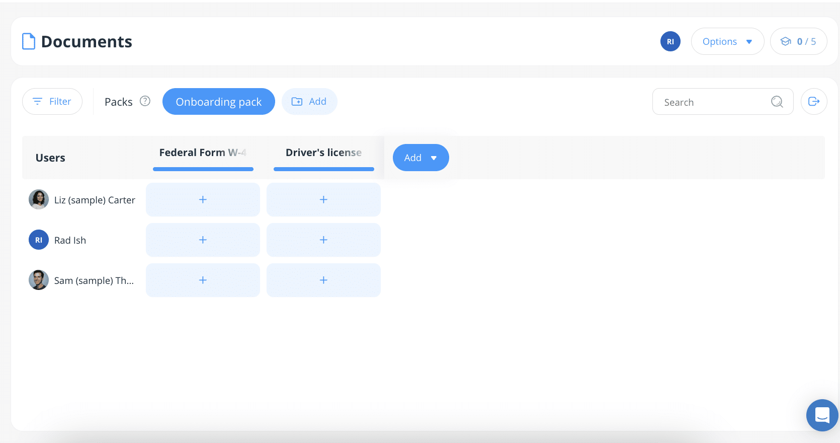 Connecteam Documents page with an onboarding pack collecting employee documents