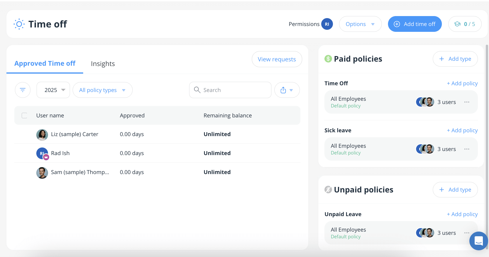 Connecteam time off page with an approved request table and paid and unpaid policy panels