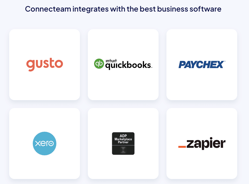Connecteam integrations grid showing payroll and business app logos including Gusto, QuickBooks, Paychex, Xero, ADP, and Zapier