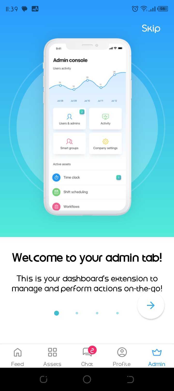 Connecteam mobile onboarding slide introducing the admin tab