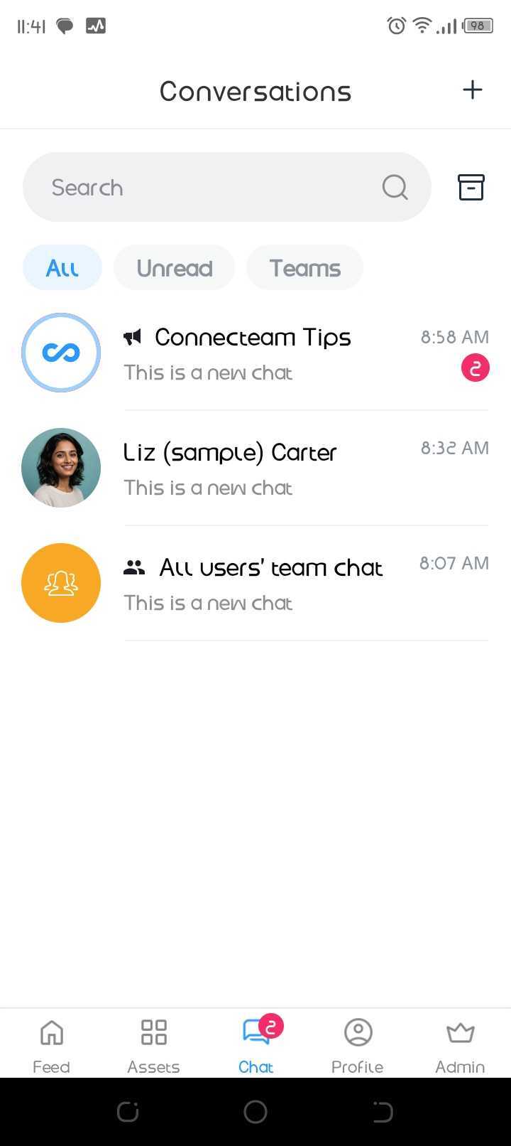 Connecteam mobile Conversations list with All, Unread, and Teams filters