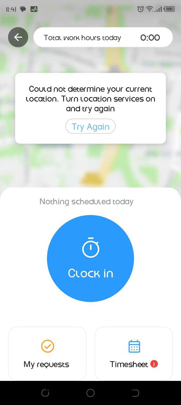 Connecteam mobile clock-in screen showing a location services error above the clock-in button
