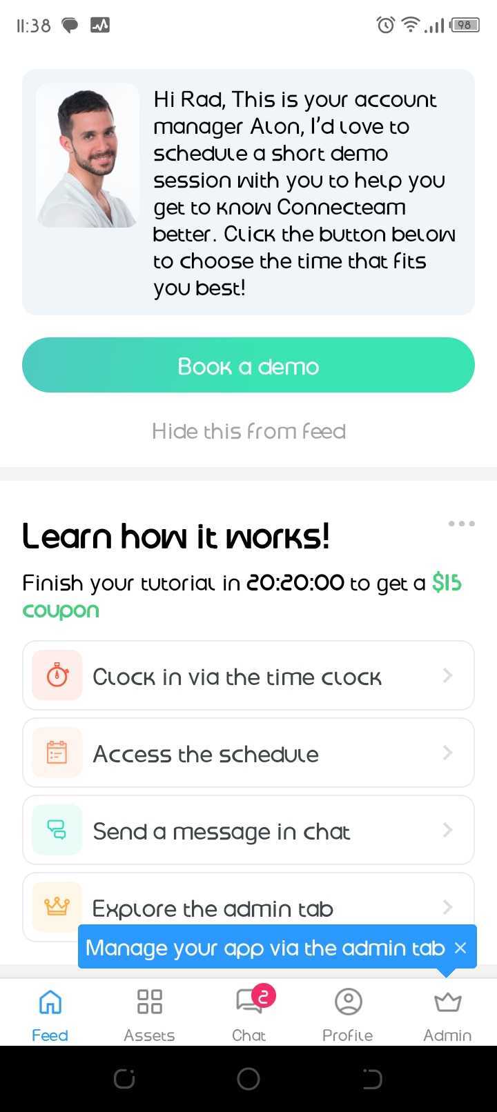 Connecteam mobile app Feed tab with a demo prompt and onboarding checklist