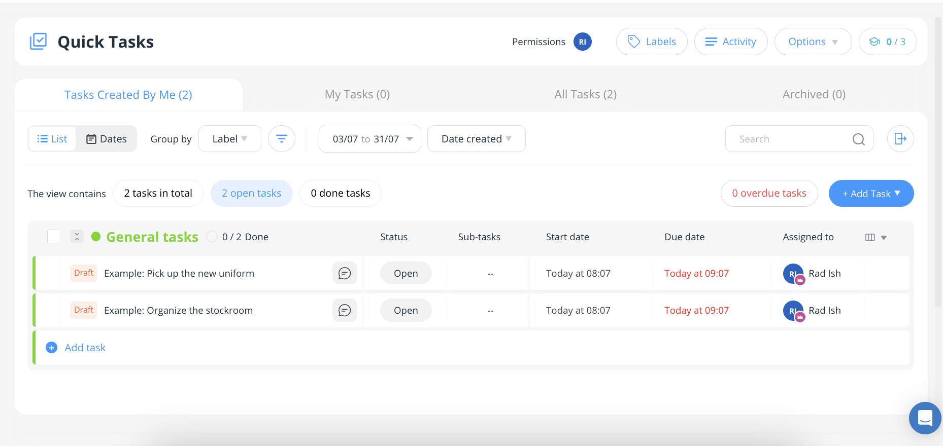Connecteam Quick Tasks view with two open tasks, statuses, due dates, and assignees