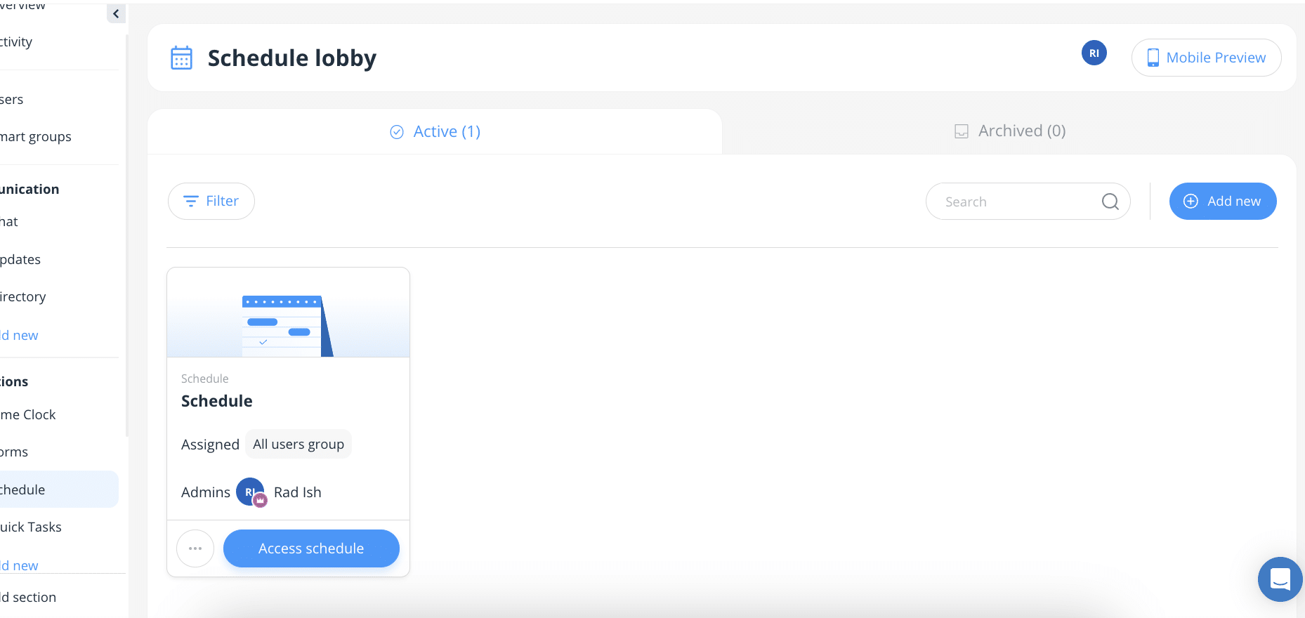 Connecteam scheduling lobby listing schedules as cards