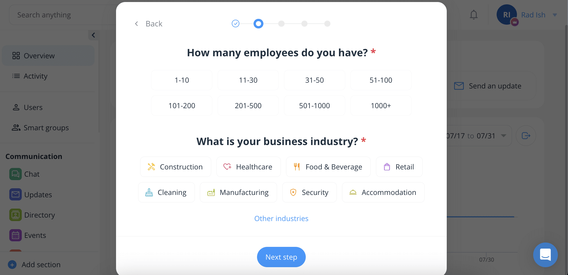 Connecteam onboarding step for team size and business industry, with Construction listed as an option