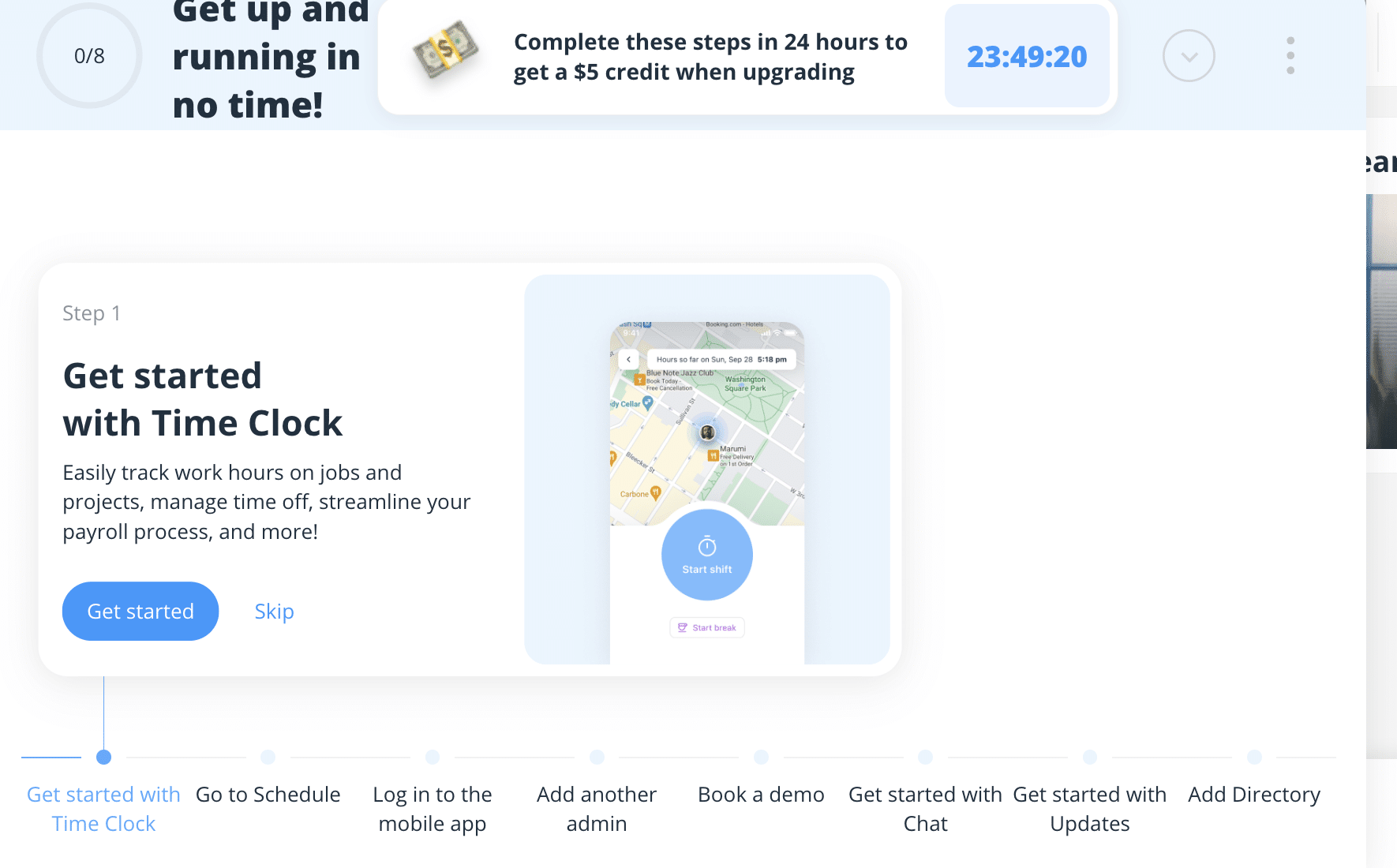 Connecteam getting-started checklist with a $5 upgrade credit for finishing setup in 24 hours