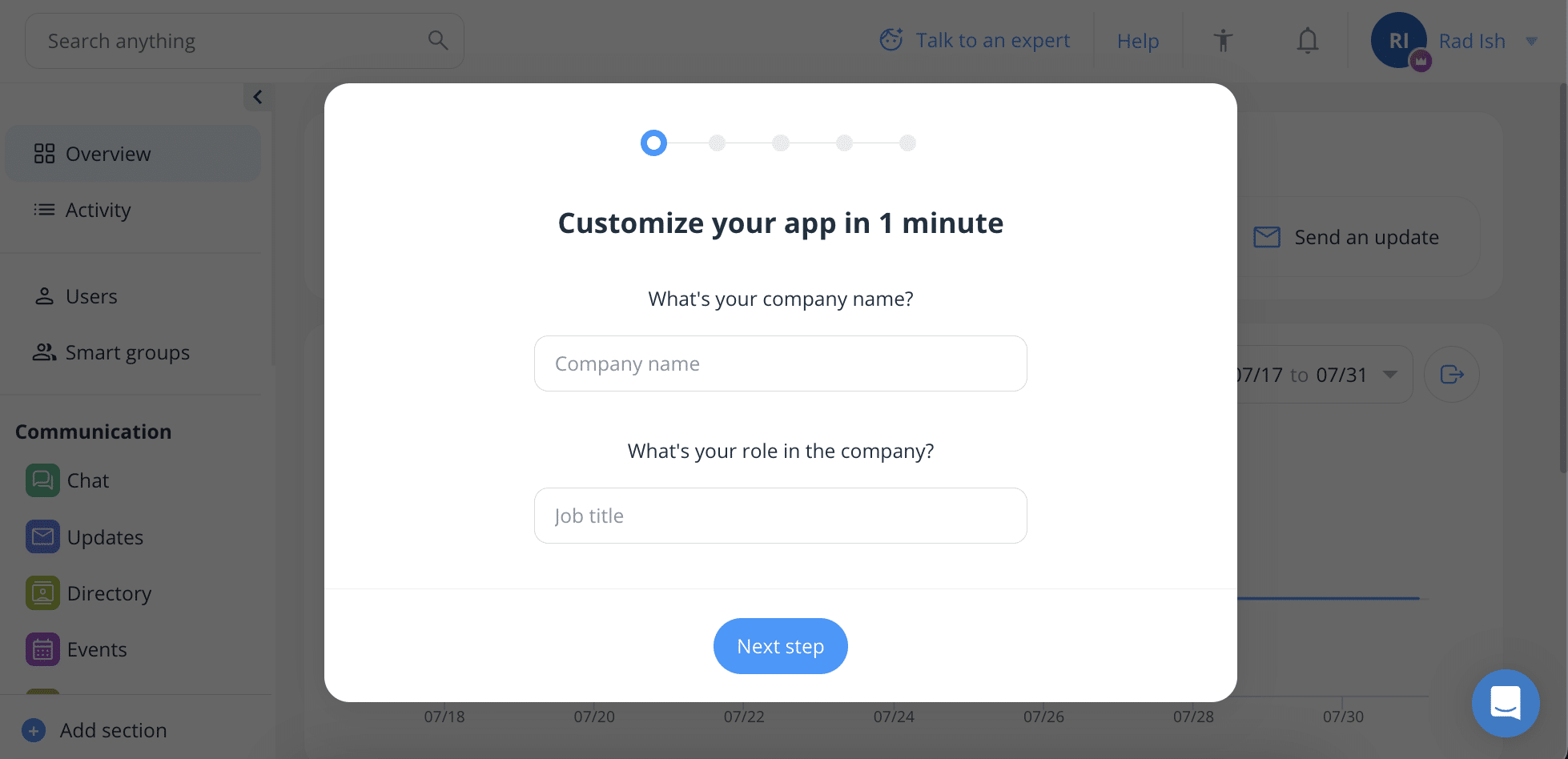 Connecteam onboarding wizard asking for company name and your role