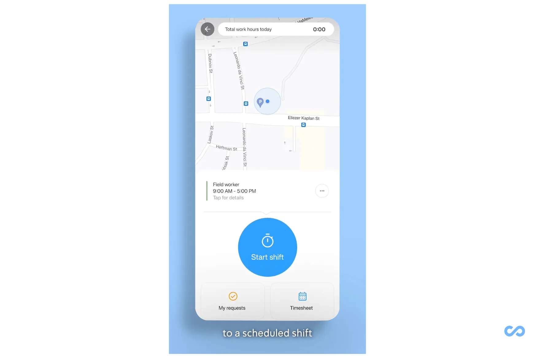 Connecteam's mobile time clock showing a map above a Start shift button, with the worker's scheduled 9:00 AM to 5:00 PM field shift listed above it.