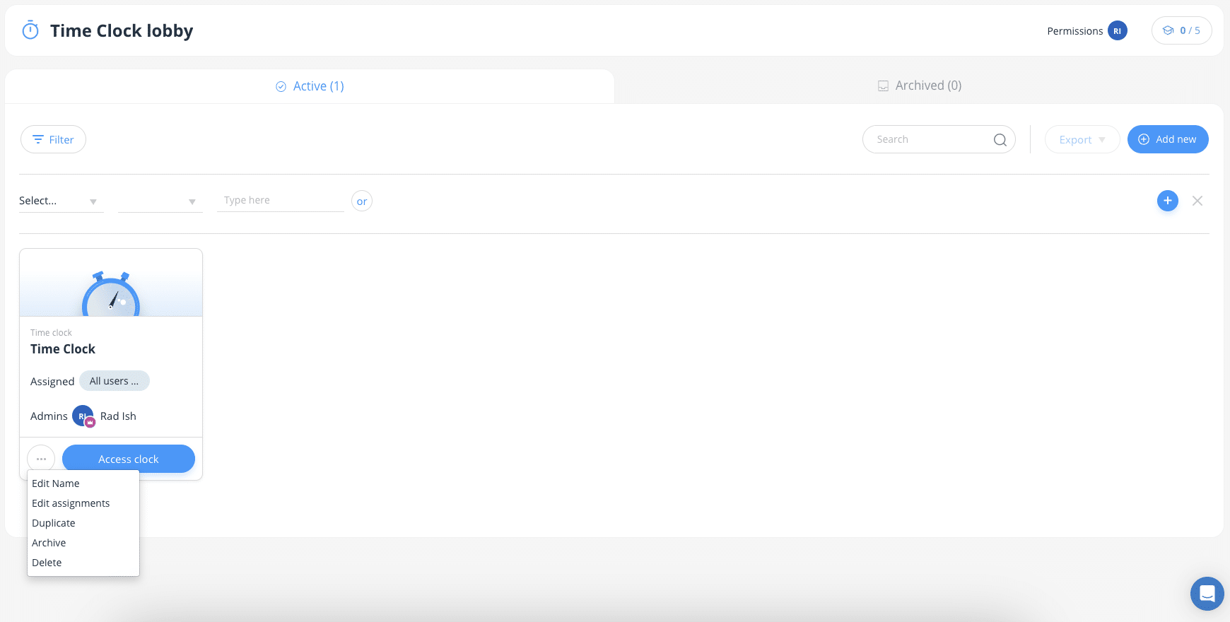 Connecteam Time Clock lobby with a clock management menu