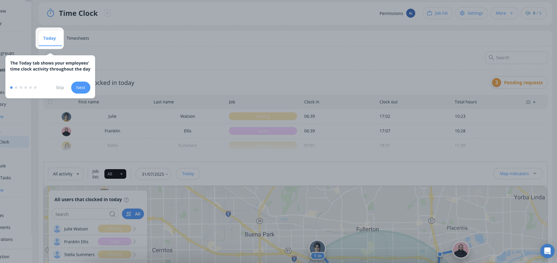Connecteam Time Clock 'Today' view listing who clocked in, with a map of clock-in locations