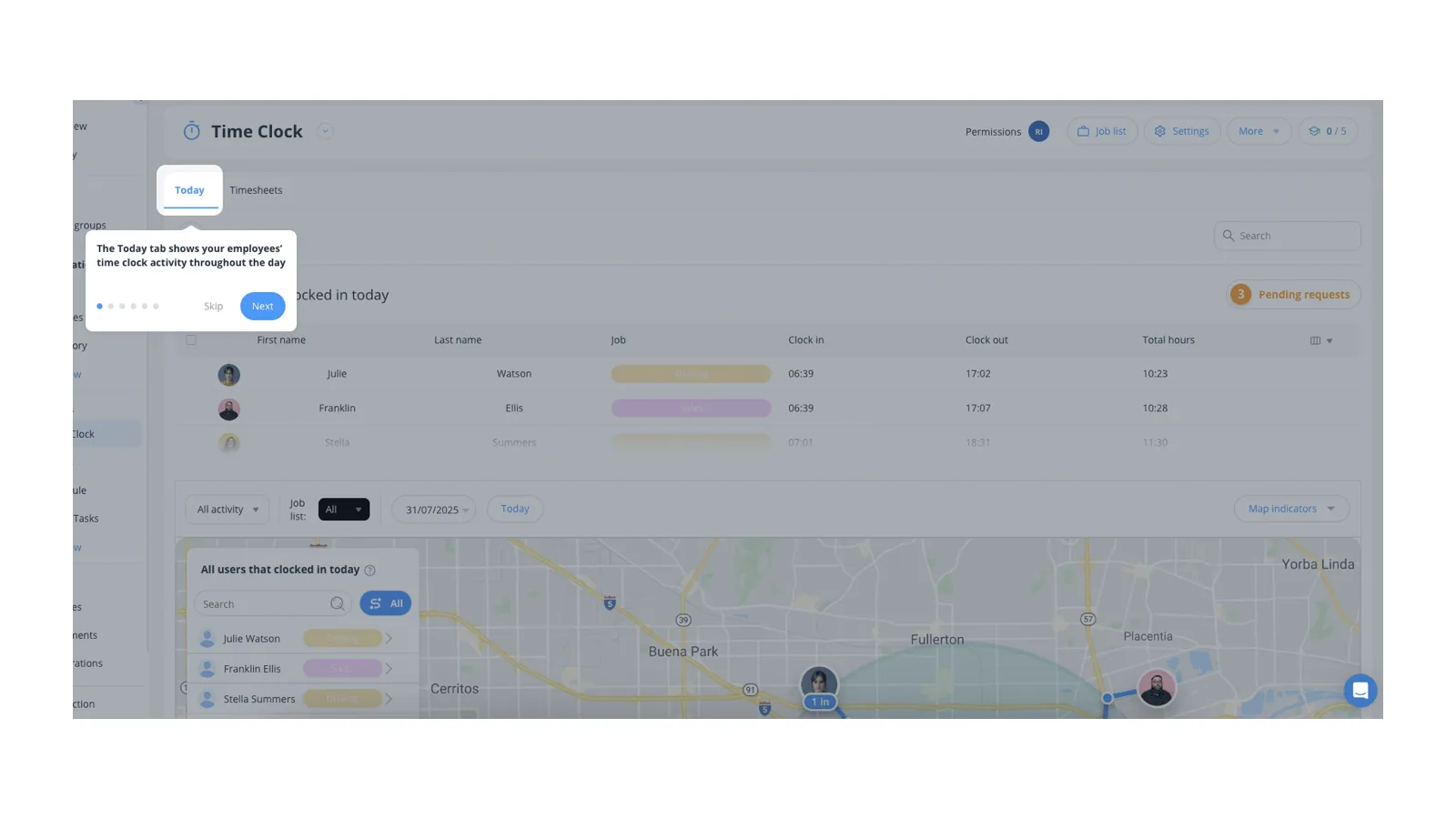 Connecteam time clock screen showing the shift start control workers use on a shared device.