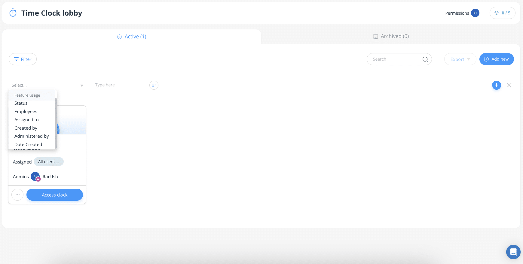 Connecteam Time Clock lobby for setting up and managing time clocks