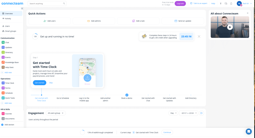 Connecteam web dashboard with hub navigation down the left and a getting-started checklist