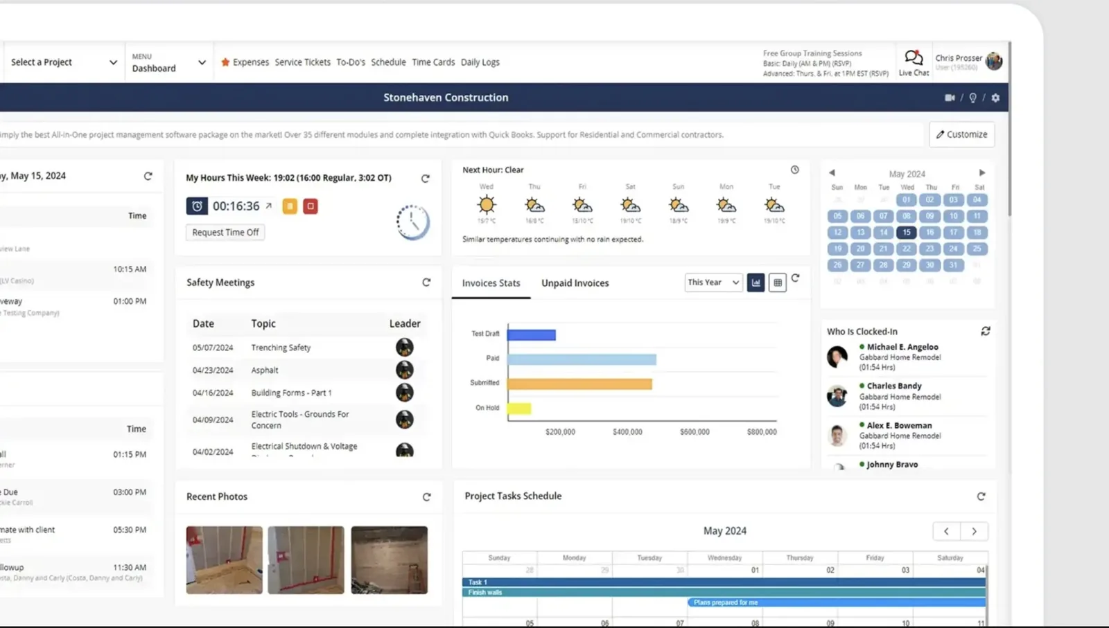 Contractor Foreman dashboard with the user's weekly hours and clock timer, weather forecast, safety meetings, invoice stats, a who-is-clocked-in list, recent jobsite photos and the project task schedule.