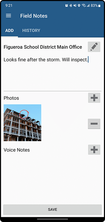ExakTime Mobile field note creation screen with subject fields and options to attach a photo or record a voice memo