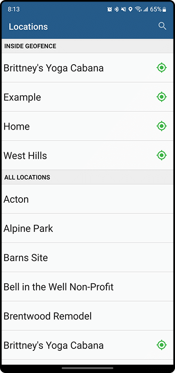 Locations screen grouping the job sites the worker is currently inside the geofence of, each marked with a green target icon