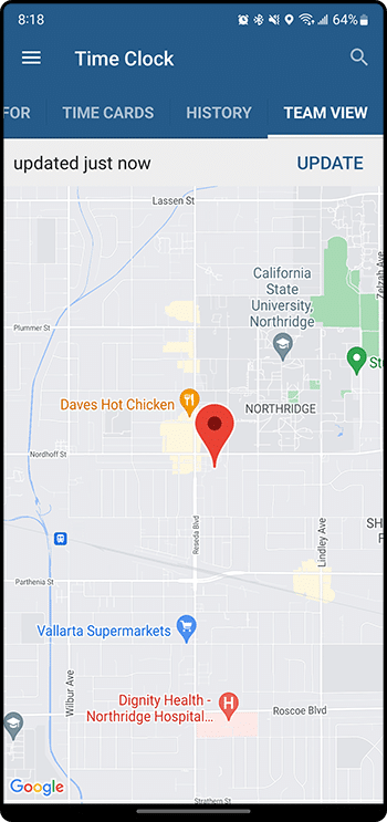 Team View map showing a single red pin for a worker's last reported location, with an update control