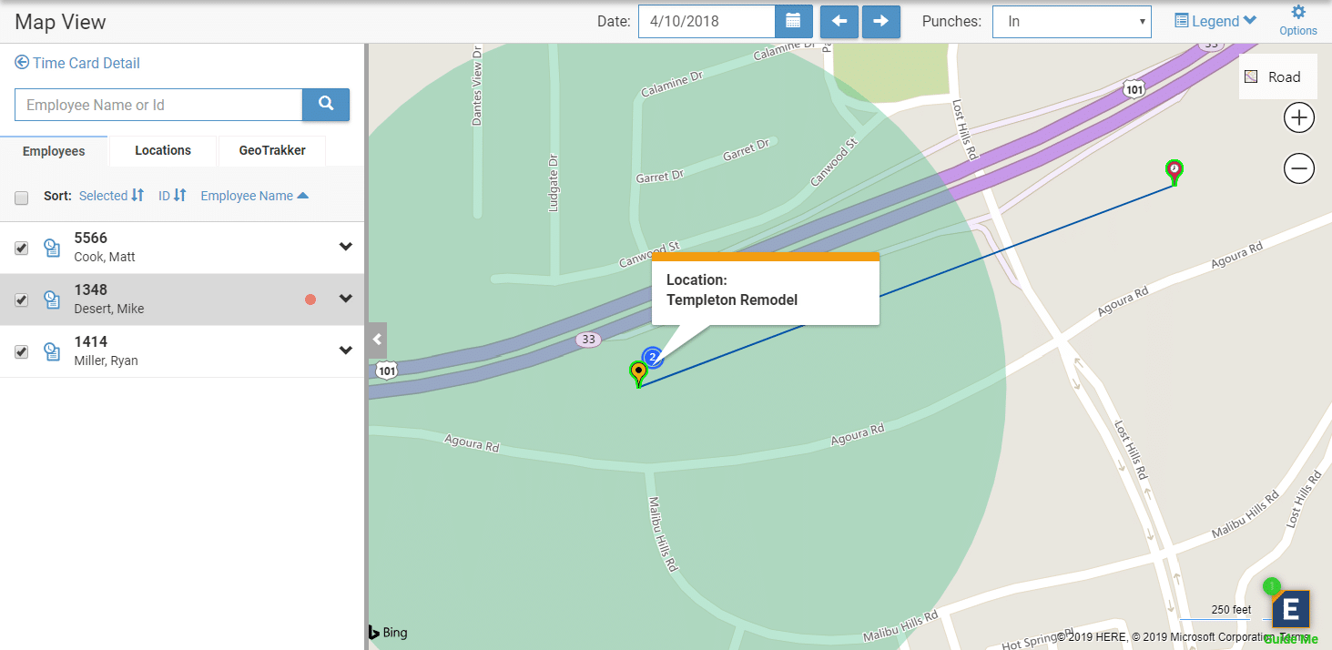Web Map View showing clock-in pins and a large circular geofence drawn around a job site