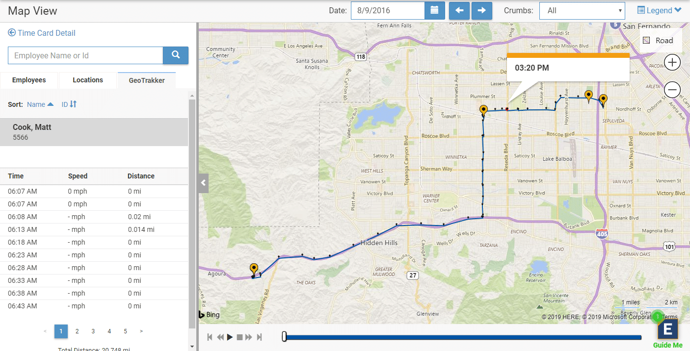 ExakTime GeoTrakker map showing a worker's GPS breadcrumb trail between job sites while on the clock