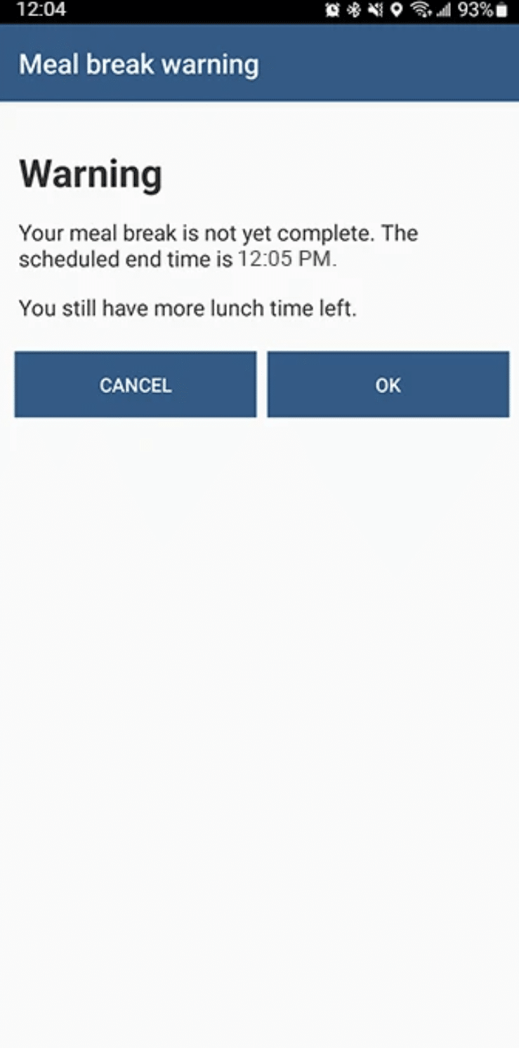 ExakTime auto lunch policy configuration screen with a minimum hours threshold for automatic meal break deduction