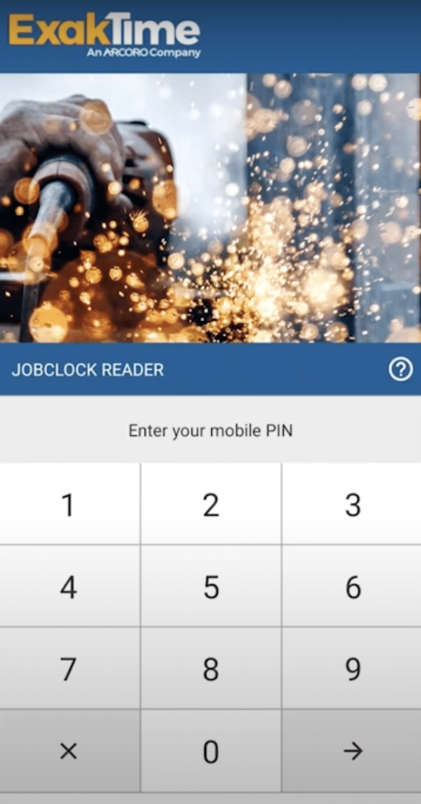 ExakTime Mobile JobClock Reader screen with a numeric keypad asking the worker to enter their mobile PIN