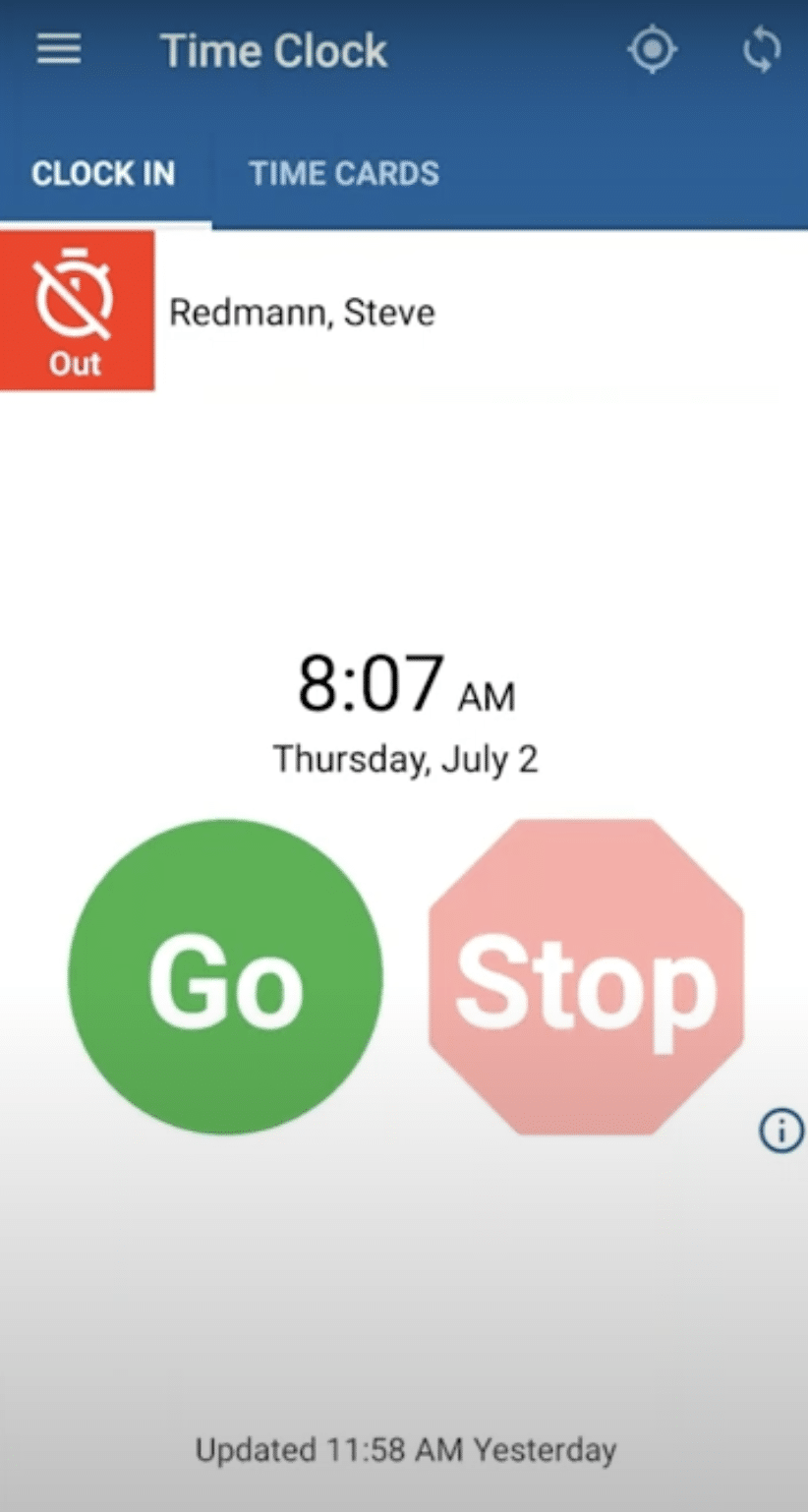 ExakTime Mobile Time Clock screen with a green circular Go button and a red octagonal Stop button, with the worker clocked out