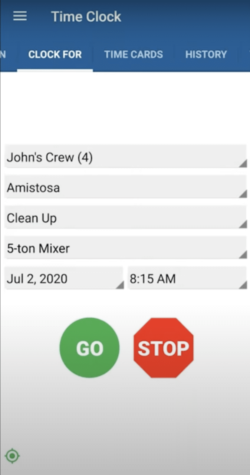 Clock For tab with dropdowns for crew, location, cost code and equipment above the Go and Stop buttons