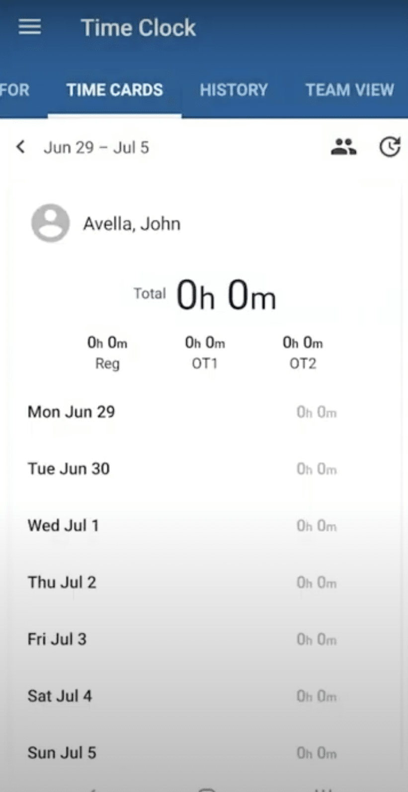 Time Cards tab showing a weekly summary of regular and overtime hours by day for the signed-in user