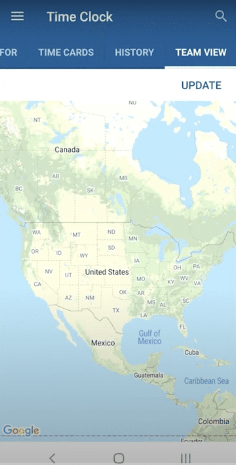 Team View tab showing a map zoomed out to the whole of North America with no worker pins in sight