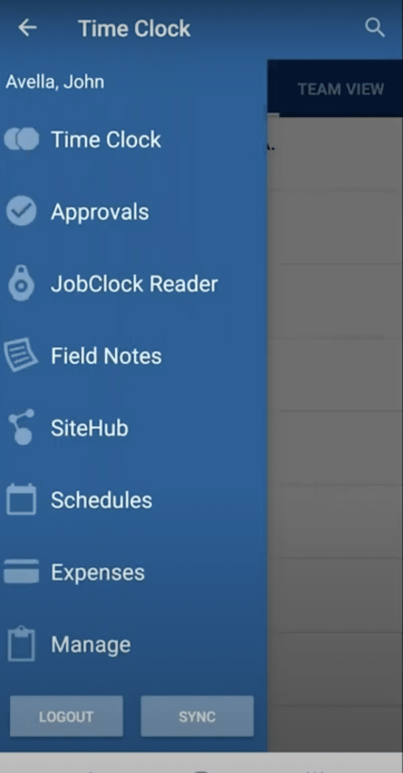 ExakTime Mobile navigation menu listing Time Clock, Approvals, JobClock Reader, Field Notes, SiteHub, Schedules, Expenses and Manage