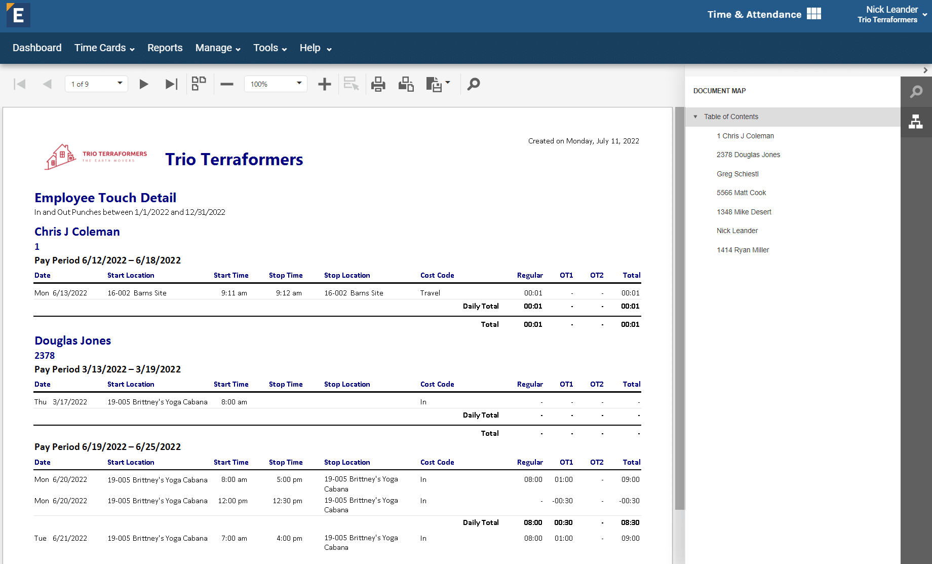 ExakTime reporting screen listing available instant reports including Employee Time Card and Location by Employee