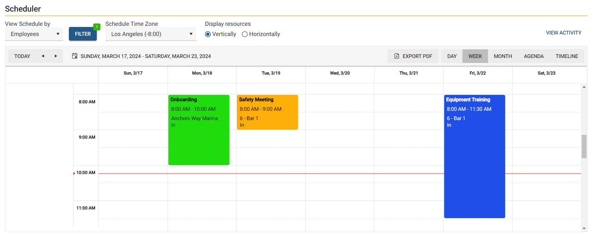 ExakTime scheduling calendar with shifts assigned across employees and job locations