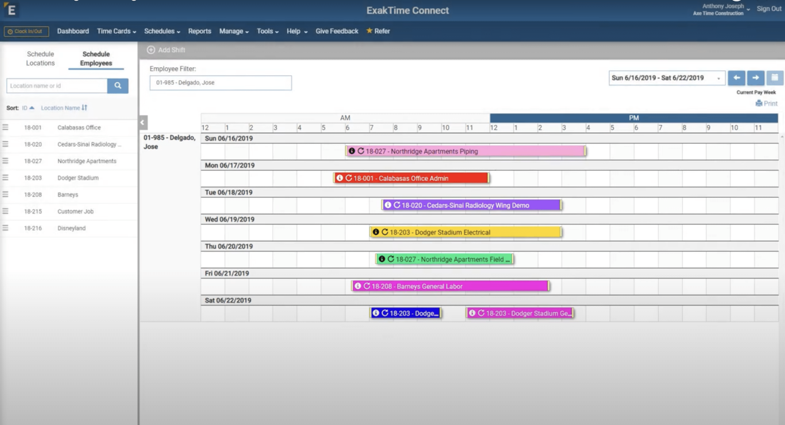 ExakTime shift creation form with location, cost code, task, notes and attachment fields