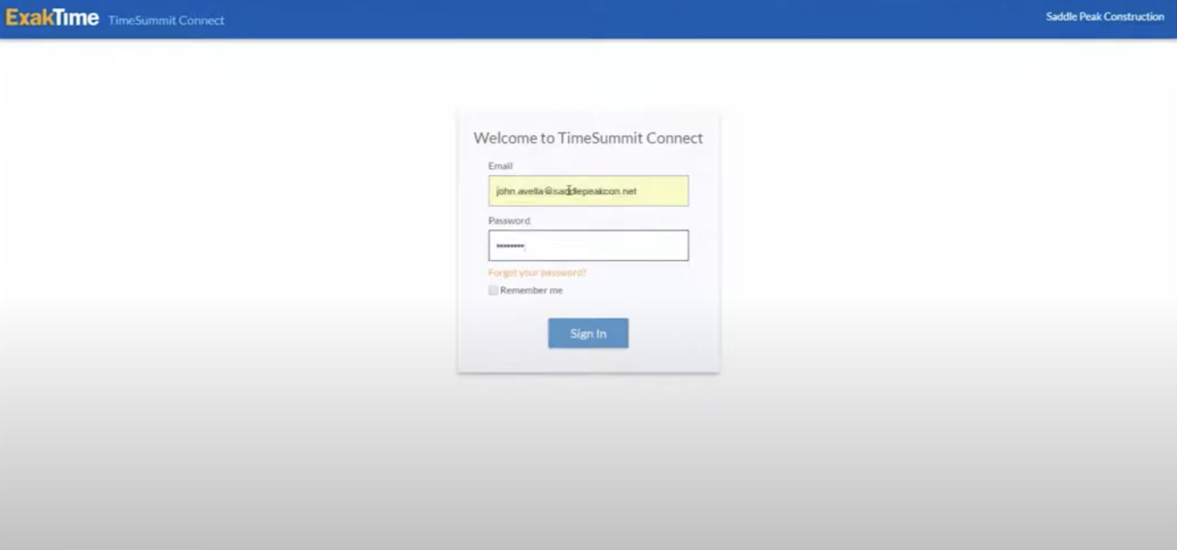ExakTime web console sign-in screen with email and password fields