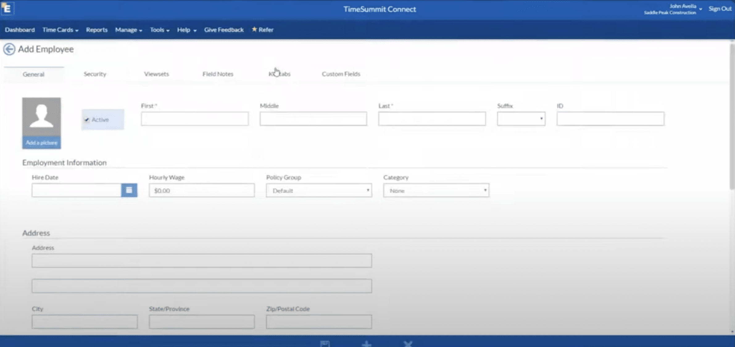 Add Employee form with name fields, hire date, hourly wage and address sections