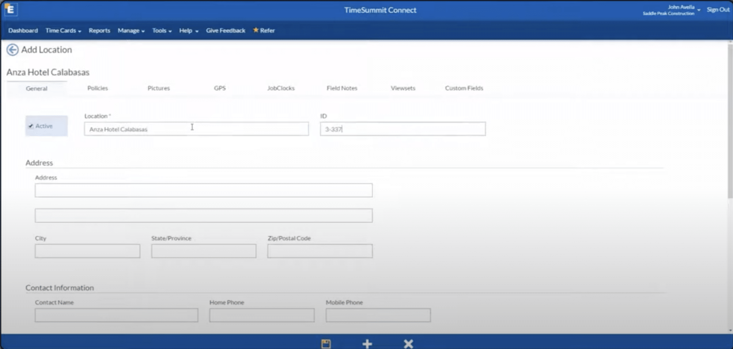 Add Location form for a job site with location name, ID, address and contact fields