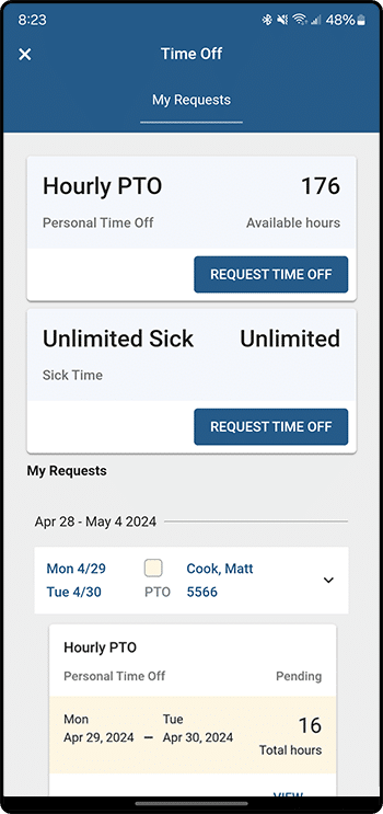 ExakTime Mobile time off screen showing assigned time-off plans and available hours