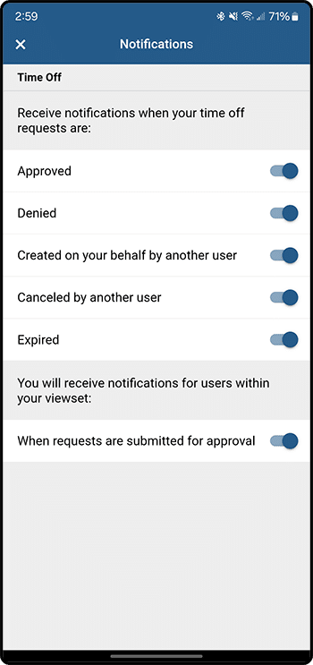 ExakTime Mobile time off request form with status tracking for submitted requests