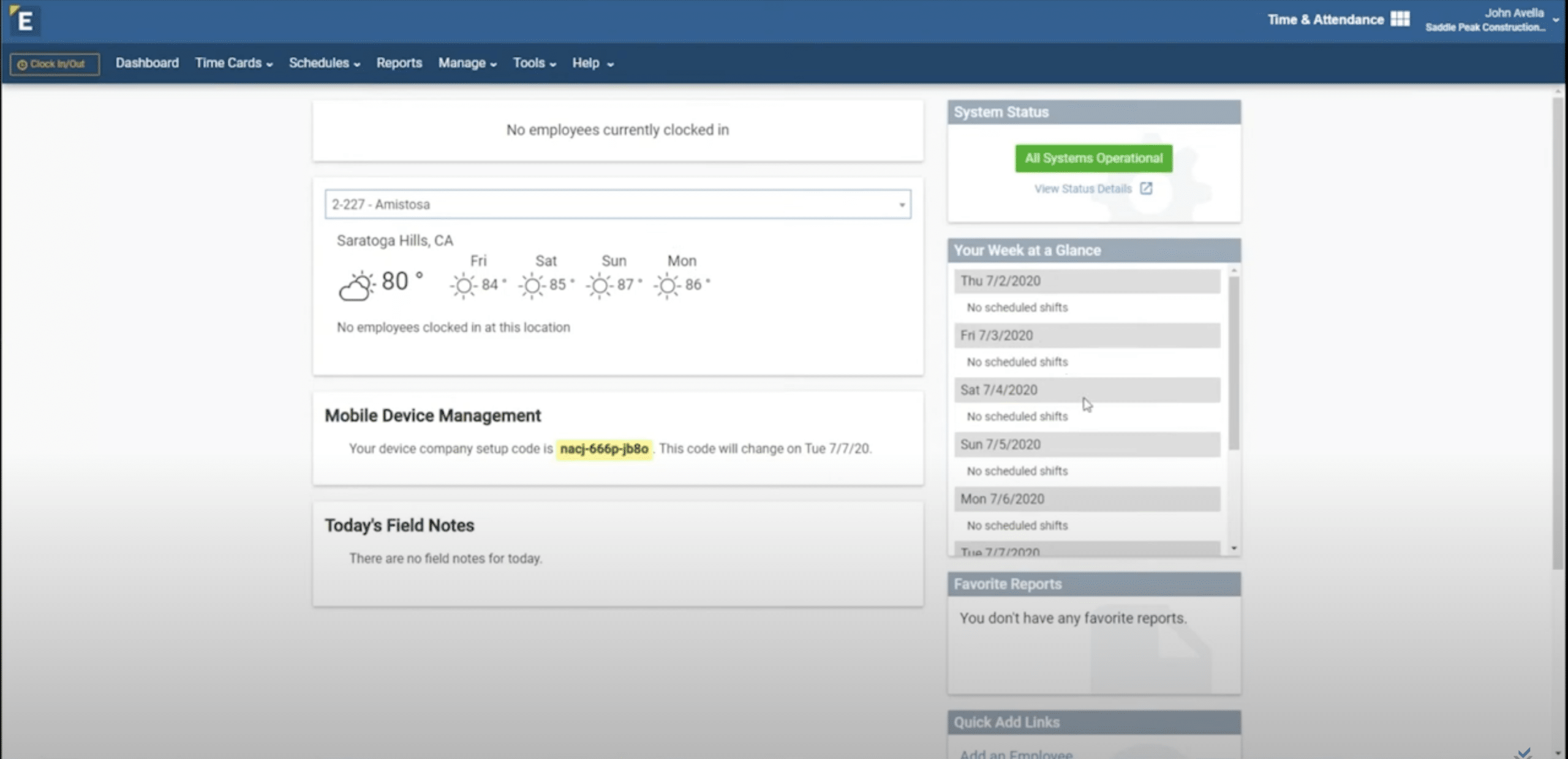 ExakTime Connect dashboard showing who is clocked in, a location weather card, the mobile device setup code and system status