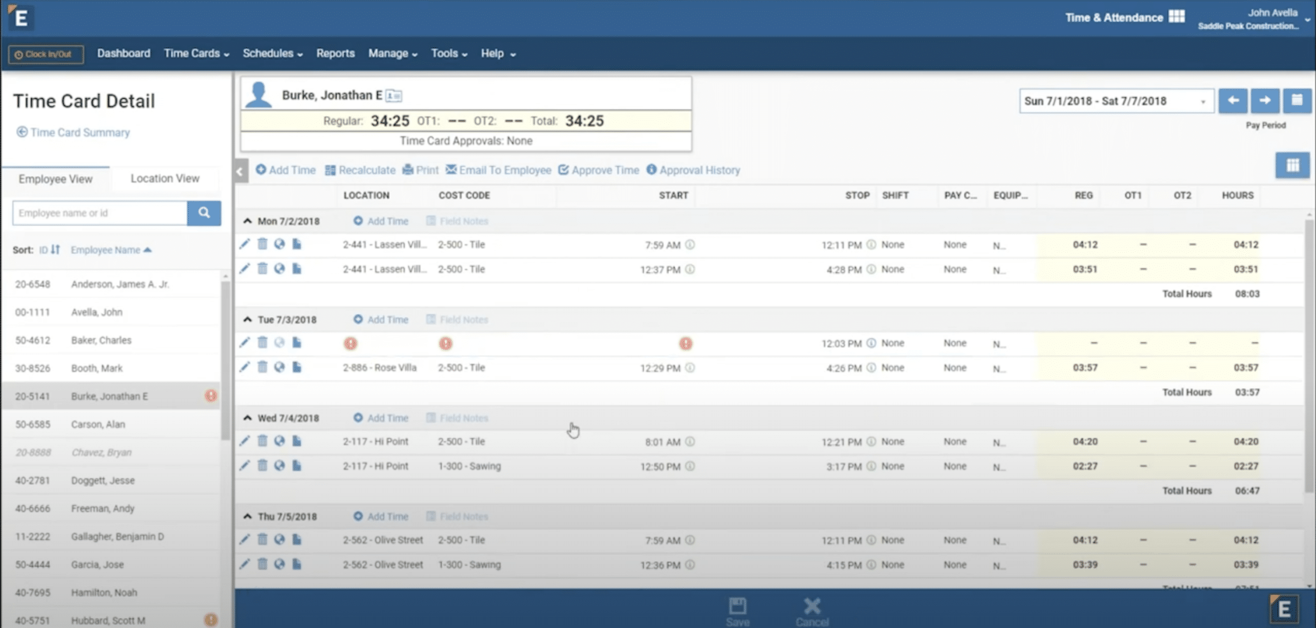 Time Card Detail for one worker showing daily entries with location, cost code, start and stop times, and red exception icons