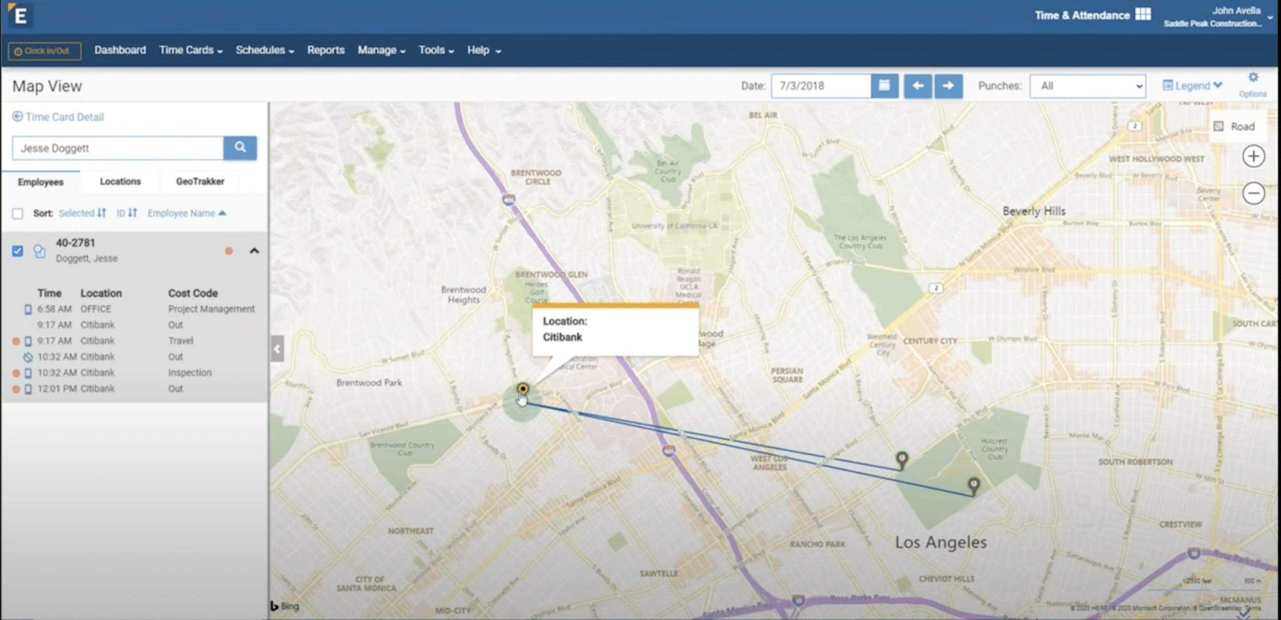 Map View with a worker's punch list beside a map of pins showing clock-in and clock-out locations
